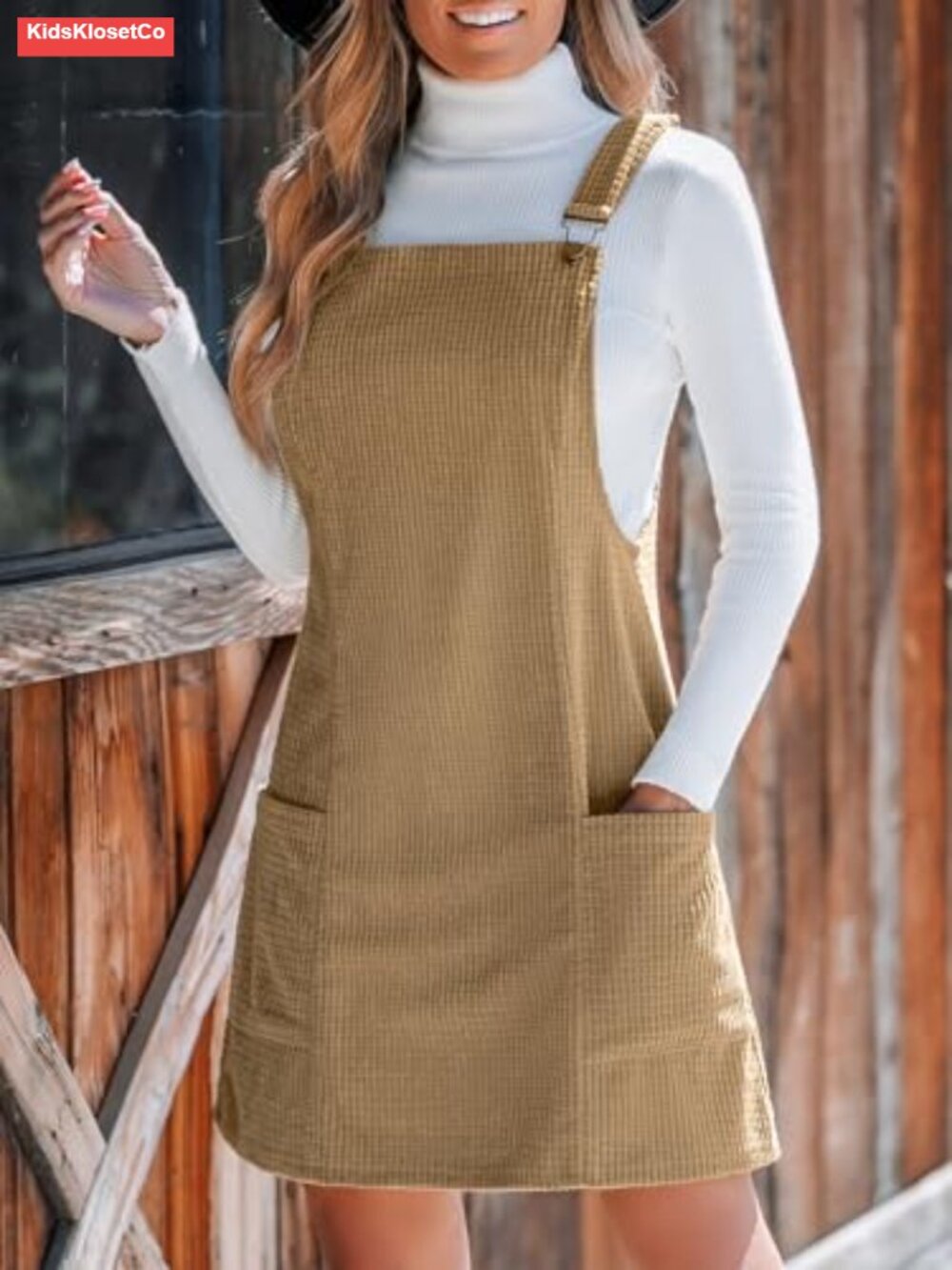 Women Corduroy Overall Dress Square Neck A Line Mini Pinafore with Pockets - Picture 2 of 6